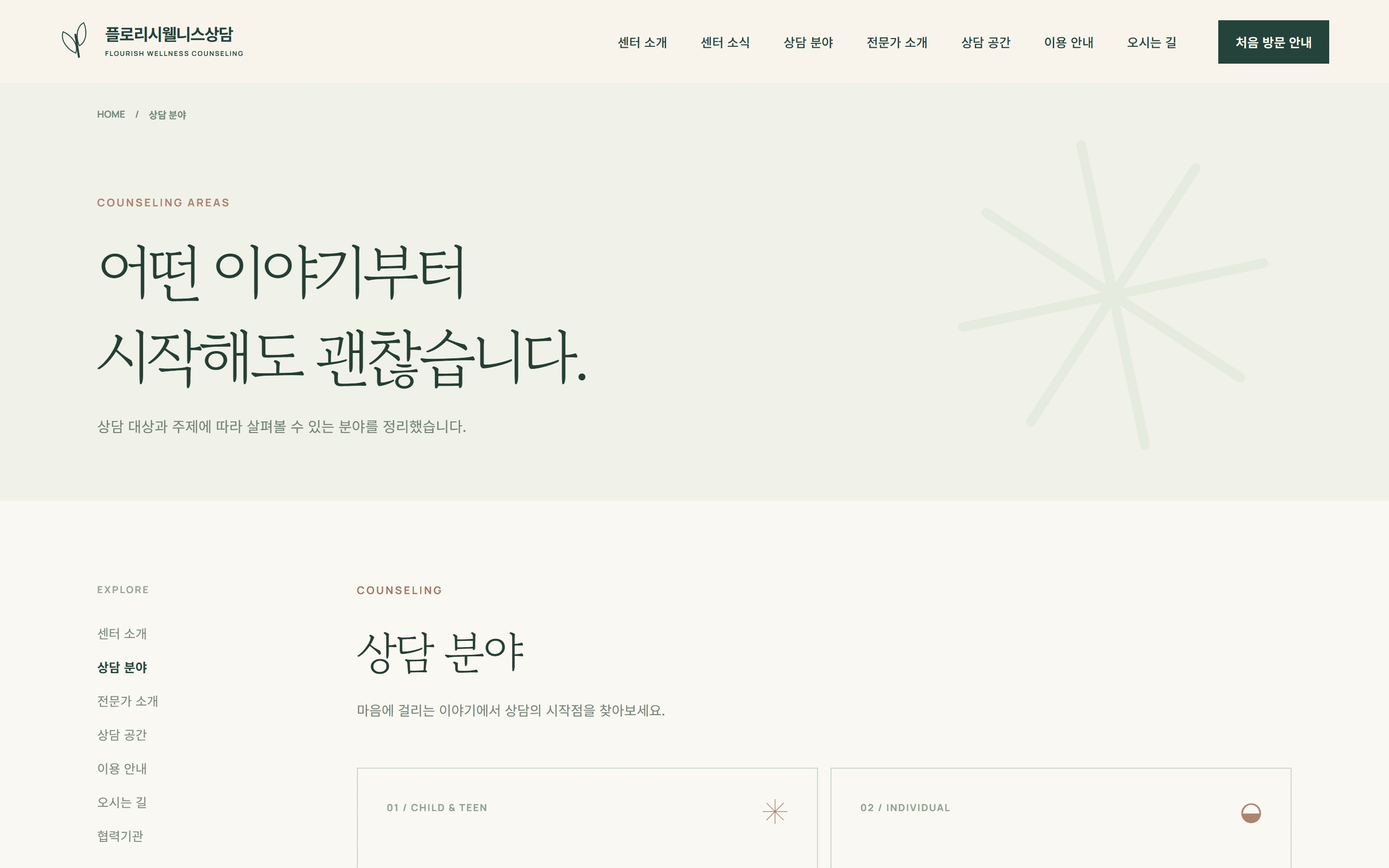 플로리시웰니스상담 상담 분야 안내 페이지의 PC 화면.